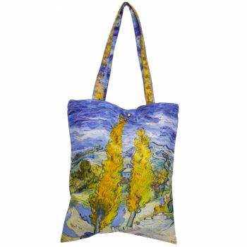 Geanta shopper din material textil satinat, cu imprimeu inspirat dintr-o pictura cu chiparosi a lui Van Gogh ieftina