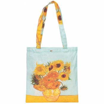 Geanta shopper din material textil satinat cu reproducere dupa Floarea Soarelui de Van Gogh ieftina