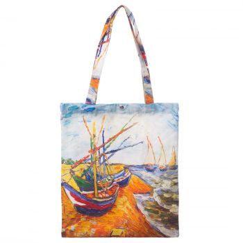 Geanta shopper din material textil, cu imprimeu inspirat din pictura Barci pe plaja a lui Vincent Van Gogh ieftina