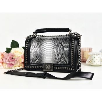 Geantă neagră piele eco cu print snake silver metalic Abby