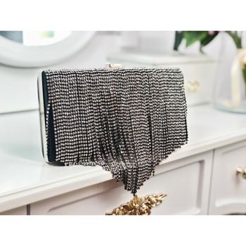 Poșetă clutch neagră strălucitoare cu franjuri Gianna