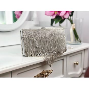 Poșetă clutch silver strălucitoare cu franjuri Gianna