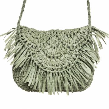 Geanta crossbody mica impletita cu franjuri decorativi pe capac, verde prafuit