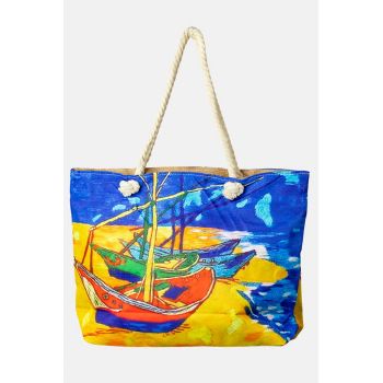 Geanta de plaja din material textil, cu imprimeu inspirat din pictura   Barci pe plaja   a lui Vincent Van Gogh