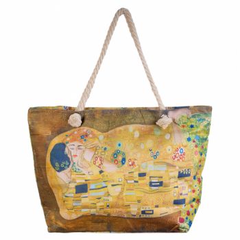 Geanta de plaja din material textil, cu imprimeu inspirat din pictura Sarutul a lui Gustav Klimt