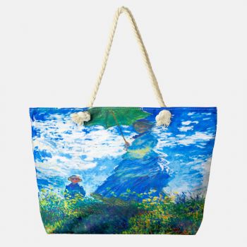 Geanta de plaja din material textil, cu reproducere dupa Claude Monet Femeia cu umberala de soare