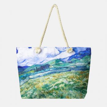 Geanta de plaja din material textil, imprimata cu reproducere dupa tablou cu lanuri de Van Gogh