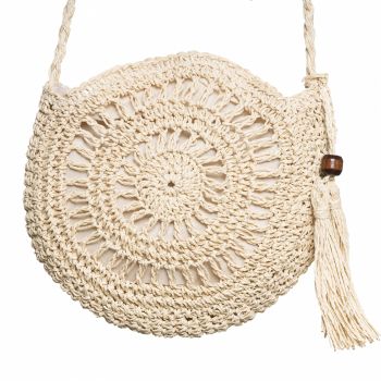 Geanta mica impletita crossbody, circulara cu ciucure decorativ, bej deschis