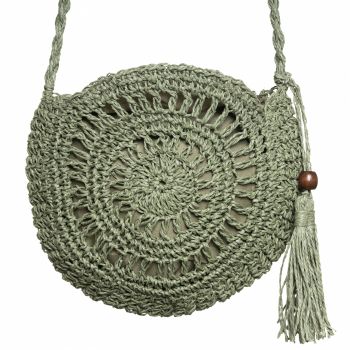 Geanta mica impletita crossbody, circulara cu ciucure decorativ, verde prafuit ieftina