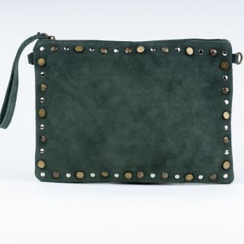 Geanta plic crossbody verde inchis, din piele intoarsa cu decoratiuni metalice