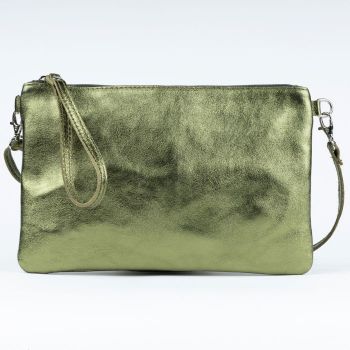 Geanta plic crossbody verde metalizat, din piele naturala