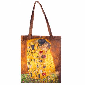 Geanta shopper din material satinat textil, imprimeu inspirat dupa pictura Sarutul a celebrului Gustav Klimt