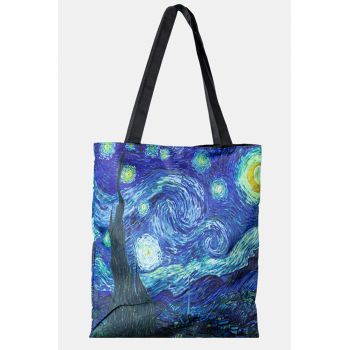 Geanta shopper din material textil, cu imprimeu inspirat din pictura Noapte Instelata a lui Vincent Van Gogh