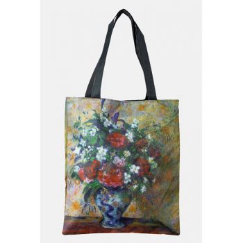 Geanta shopper din material textil, cu imprimeu inspirat dintr-o pictura cu flori albe si rosii