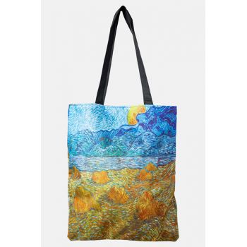 Geanta shopper din material textil, cu imprimeu inspirat dintr-o pictura cu lanuri muncite a lui Van Gogh