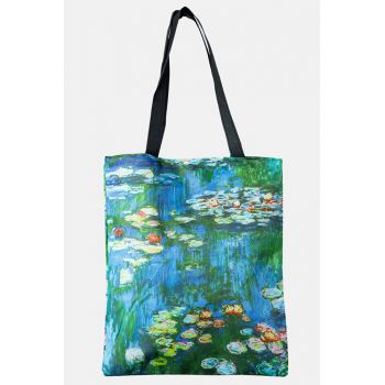 Geanta shopper din material textil, cu imprimeu inspirat dintr-o pictura cu Nuferii de Claude Monet