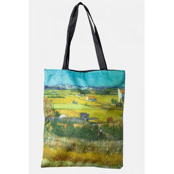 Geanta shopper din material textil, cu imprimeu inspirat dintr-o pictura cu peisaj campenesc