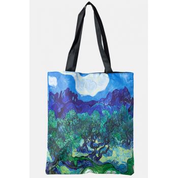 Geanta shopper din material textil, cu imprimeu inspirat dintr-o pictura impresionista a lui Van Gogh, cu nuante de albastru si verde