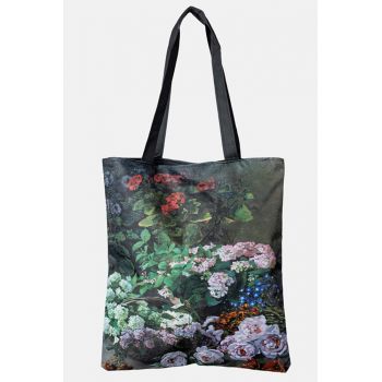 Geanta shopper din material textil, dupa o pictura cu flori de liliac