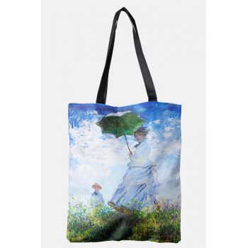 Geanta shopper din material textil, cu reproducere dupa Claude Monet    Femeia cu umberala de soare