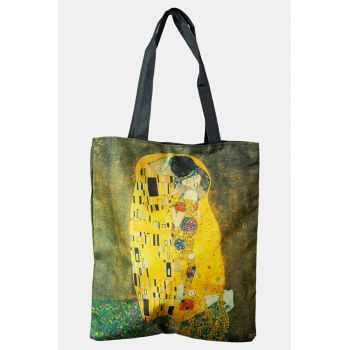 Geanta shopper din material textil, imprimata cu reproducere dupa   Sarutul    de Gustav Klimt