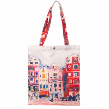 Geanta shopper din material textil, imprimeu casute ieftina