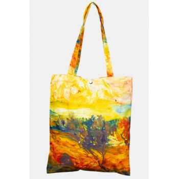 Geanta shopper din material textil satinat, cu imprimeu inspirat din pictura a lui Vincent Van Gogh