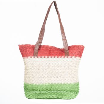 Geanta shopper tricolora impletita, verde, bej si rosu inchis