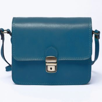 Geanta crossbody din piele naturala, tip postas, turquoise inchis