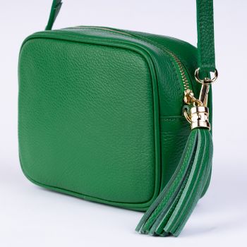 Geanta crossbody verde din piele naturala, cu ciucure din piele de firma originala