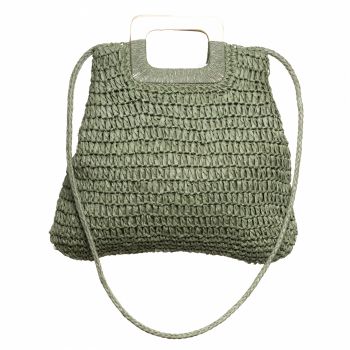 Geanta impletita crossbody, cu manere late din lemn, verde prafuit ieftina