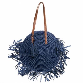 Geanta shopper circulara mare impletita, cu franjuri mari decorativi, bleumarin