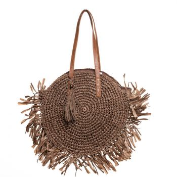 Geanta shopper circulara mare impletita, cu franjuri mari decorativi, maro Geanta shopper circulara mare impletita, cu franjuri mari decorativi, maro