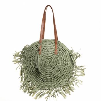 Geanta shopper circulara mare impletita, cu franjuri mari decorativi, verde prafuit