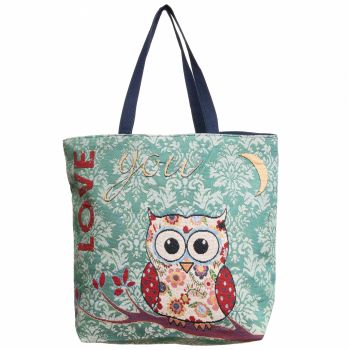 Geanta shopper din material textil cu o bufnita LOVE, fond bleumarin