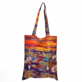 Geanta shopper din material textil satinat, cu imprimeu inspirat din o pictura cu nuferi