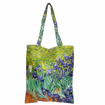 Geanta shopper din material textil satinat, cu imprimeu inspirat din pictura Irisi a lui Vincent Van Gogh ieftina