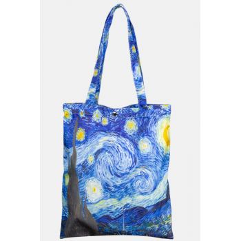 Geanta shopper din material textil satinat, cu imprimeu inspirat din pictura Noapte Instelata a lui Vincent Van Gogh
