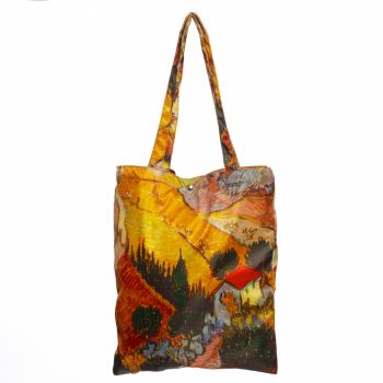 Geanta shopper din material textil satinat cu reproducere dupa un tablou cu lanuri muncite de Van Gogh ieftina