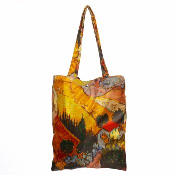 Geanta shopper din material textil satinat cu reproducere dupa un tablou cu lanuri muncite de Van Gogh