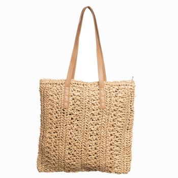 Geanta shopper impletita cu manere din piele ecologica, bej inchis