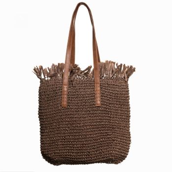 Geanta shopper impletita cu manere din piele ecologica si franjuri decorativi in partea de sus, maro Geanta shopper impletita cu manere din piele ecologica si franjuri decorativi in partea de sus, maro