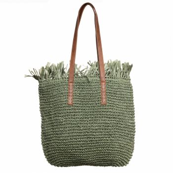 Geanta shopper impletita cu manere din piele ecologica si franjuri decorativi in partea de sus, verde prafuit de firma originala