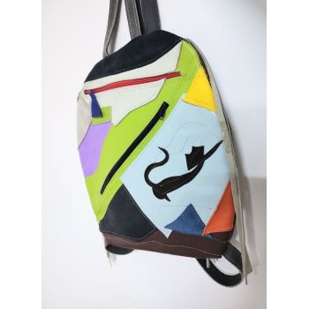 Rucsac multicolor ,din piele naturala,cu pisicute