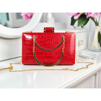 Poșetă clutch roșie piele eco cu imprimeu croco Alexis