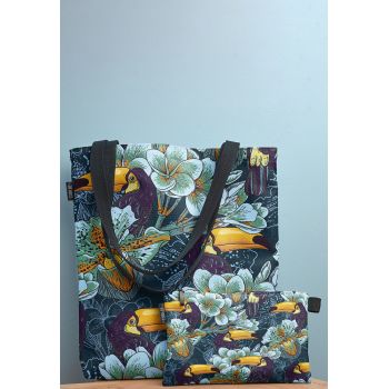 Geanta tote cu model floral si etui interior detasabil