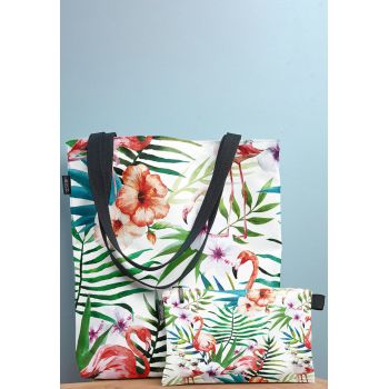 Geanta tote cu model tropical si etui