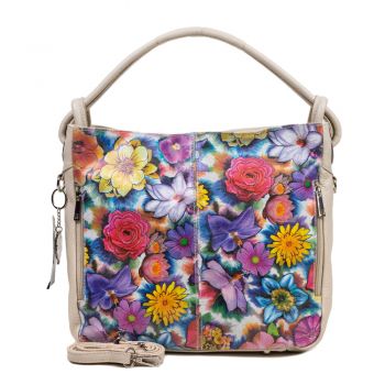 Geanta Piele, Model Pretta- 097 Floral-Crem