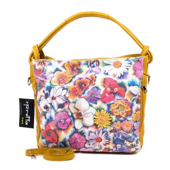 Geanta Piele, Model Pretta- 097 Floral-Galben Mustar