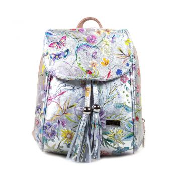 Rucsac Piele, Model Pretta 8108 Argintiu Floral-Roz Pudra
